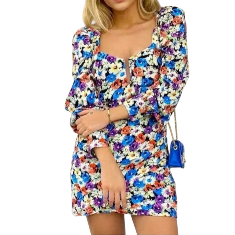 Zara Multicolor Floral Long Sleeve Ruched Mini Dress Size Medium - Picture 2 of 16